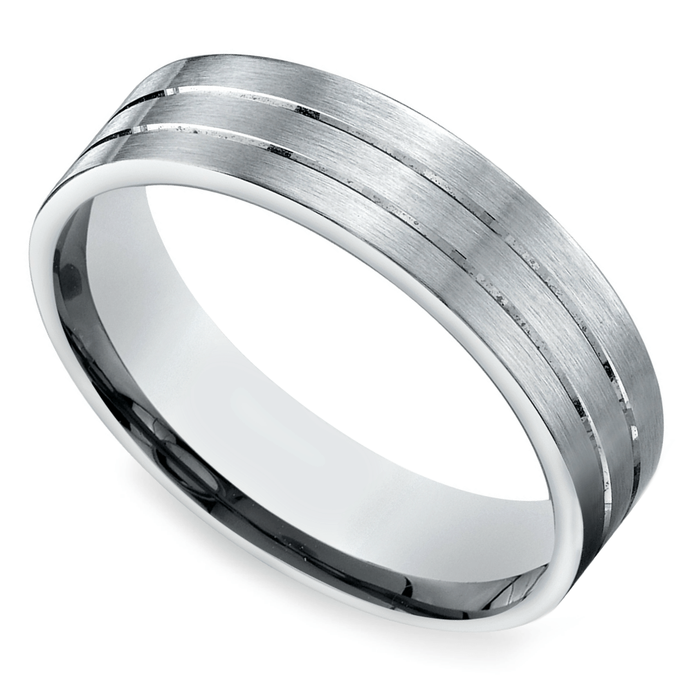 Satin Mens Wedding Ring In Platinum With Carved Grooves | Thumbnail 01