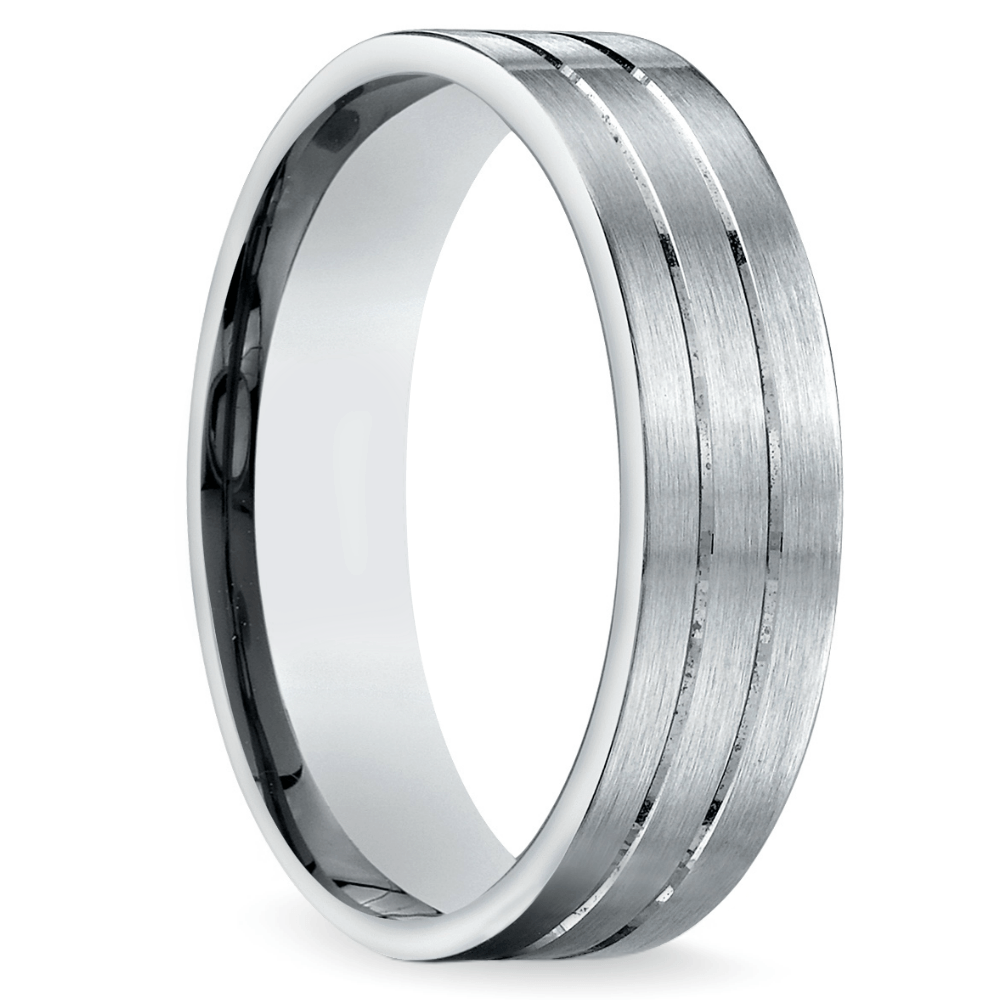Satin Mens Wedding Ring In Platinum With Carved Grooves | Thumbnail 02