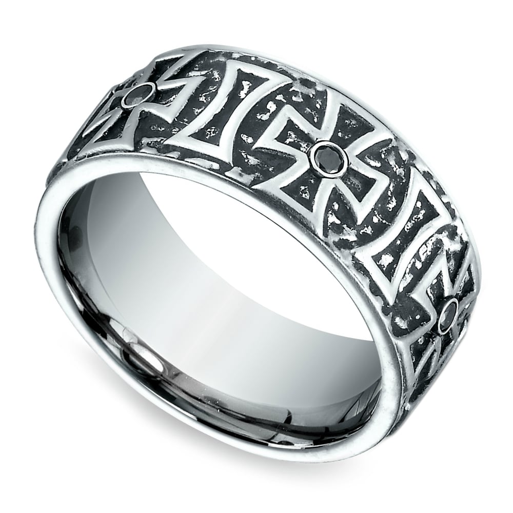 Mens Wedding Ring With Crosses And Black Diamond | 01