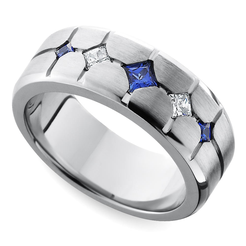 Satin Finish Cobalt Chrome Sapphire And Diamond Mens Wedding Ring | Thumbnail 01