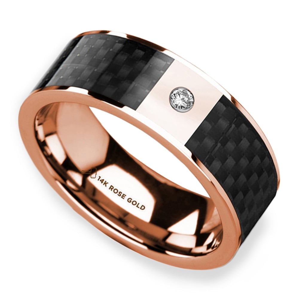 Diamond Black Carbon Fiber Inlay Men's Wedding Ring in 14K Rose Gold (8mm) | 01