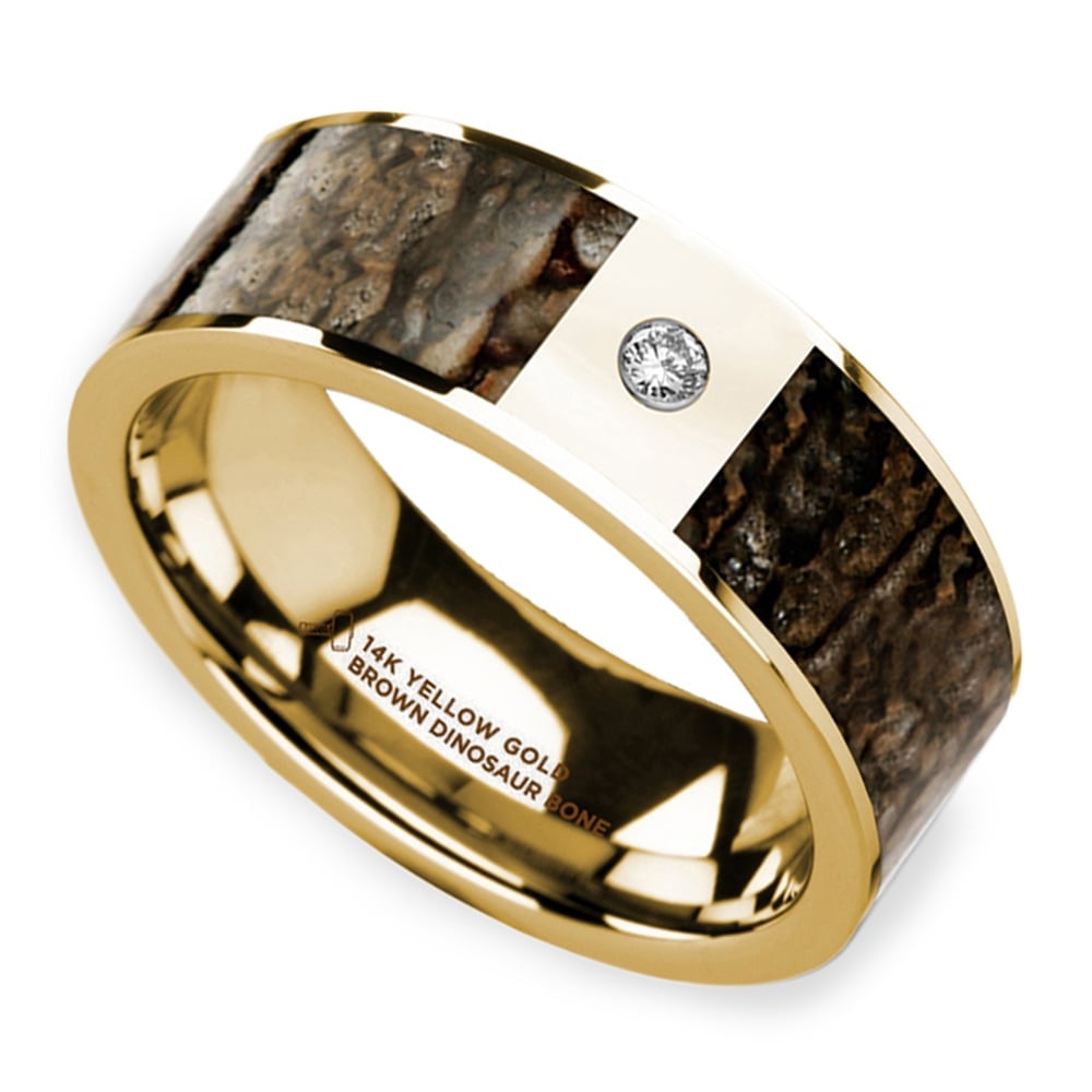 Dinosaur Bone Inlay And Diamond Mens Ring In Gold | 01