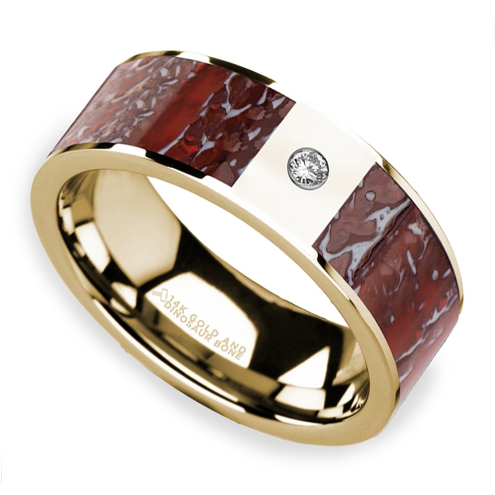 Red Dinosaur Bone Inlay Men's Wedding Ring with Diamond in 14K Yellow Gold (8mm) | 01