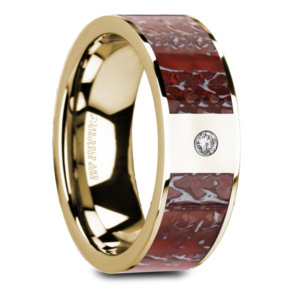 Red Dinosaur Bone Inlay Men's Wedding Ring with Diamond in 14K Yellow Gold (8mm) | 02