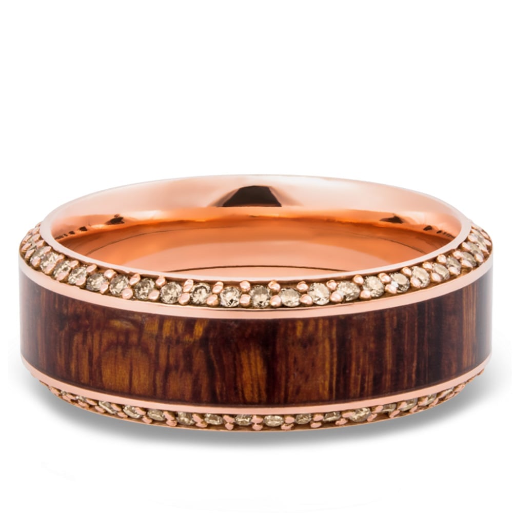 Garden Wall - 14K Rose Gold Diamond Mens Band with Cocobolo Inlay | 03