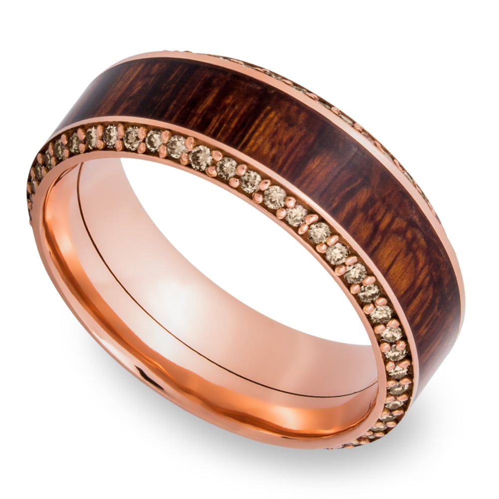 Garden Wall - 14K Rose Gold Diamond Mens Band with Cocobolo Inlay | 01