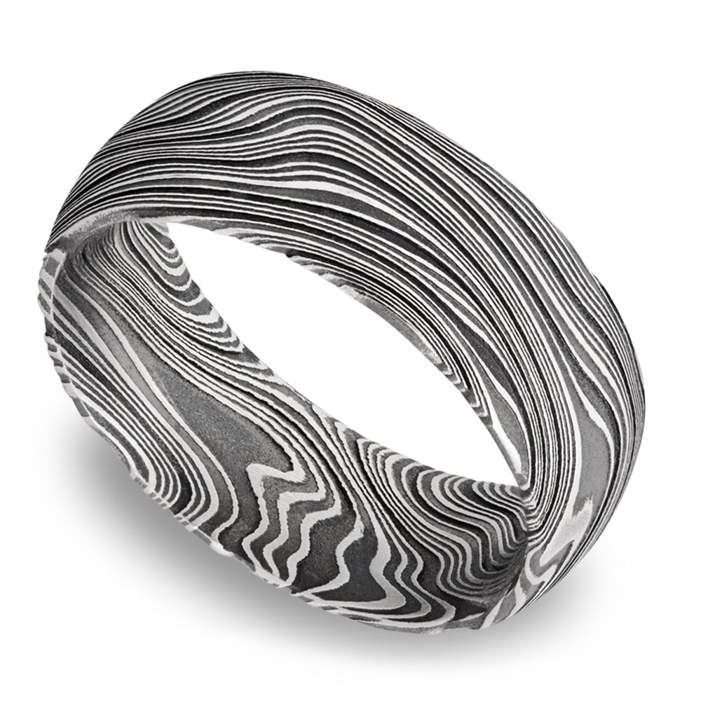 Mens Marble Wedding Band In Damascus Steel | 01
