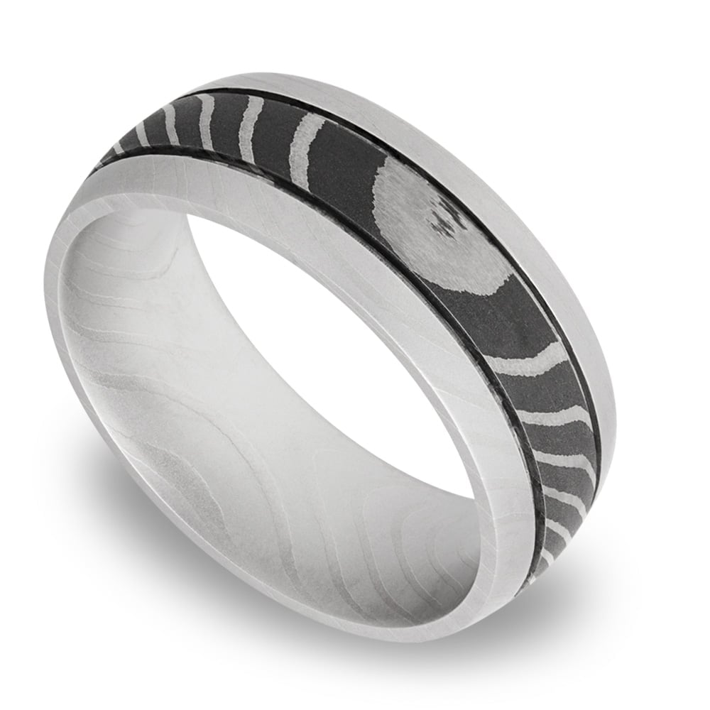 Domed Damascus Steel Mens Wedding Band With Two Accent Grooves | 01