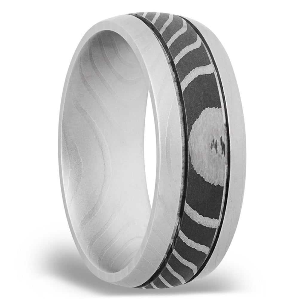 Domed Damascus Steel Mens Wedding Band With Two Accent Grooves | 02