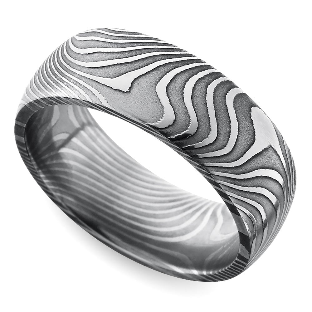 Zebra Pattern Mens Wedding Ring In Damascus Steel  | 01