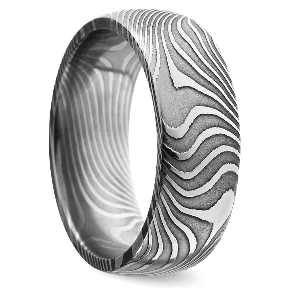 Zebra Pattern Mens Wedding Ring In Damascus Steel  | 02