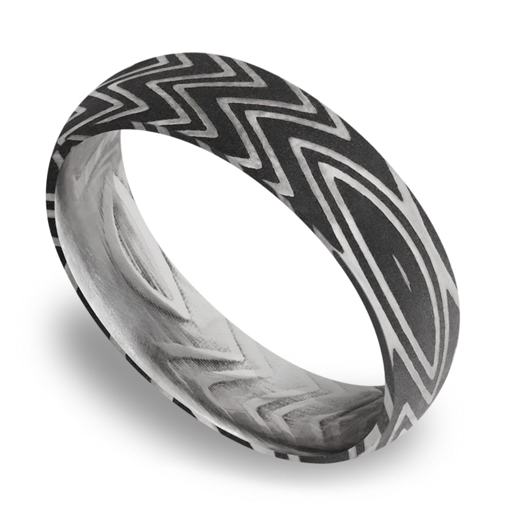 Zebra Pattern Damascus Steel Mens Wedding Ring | 01