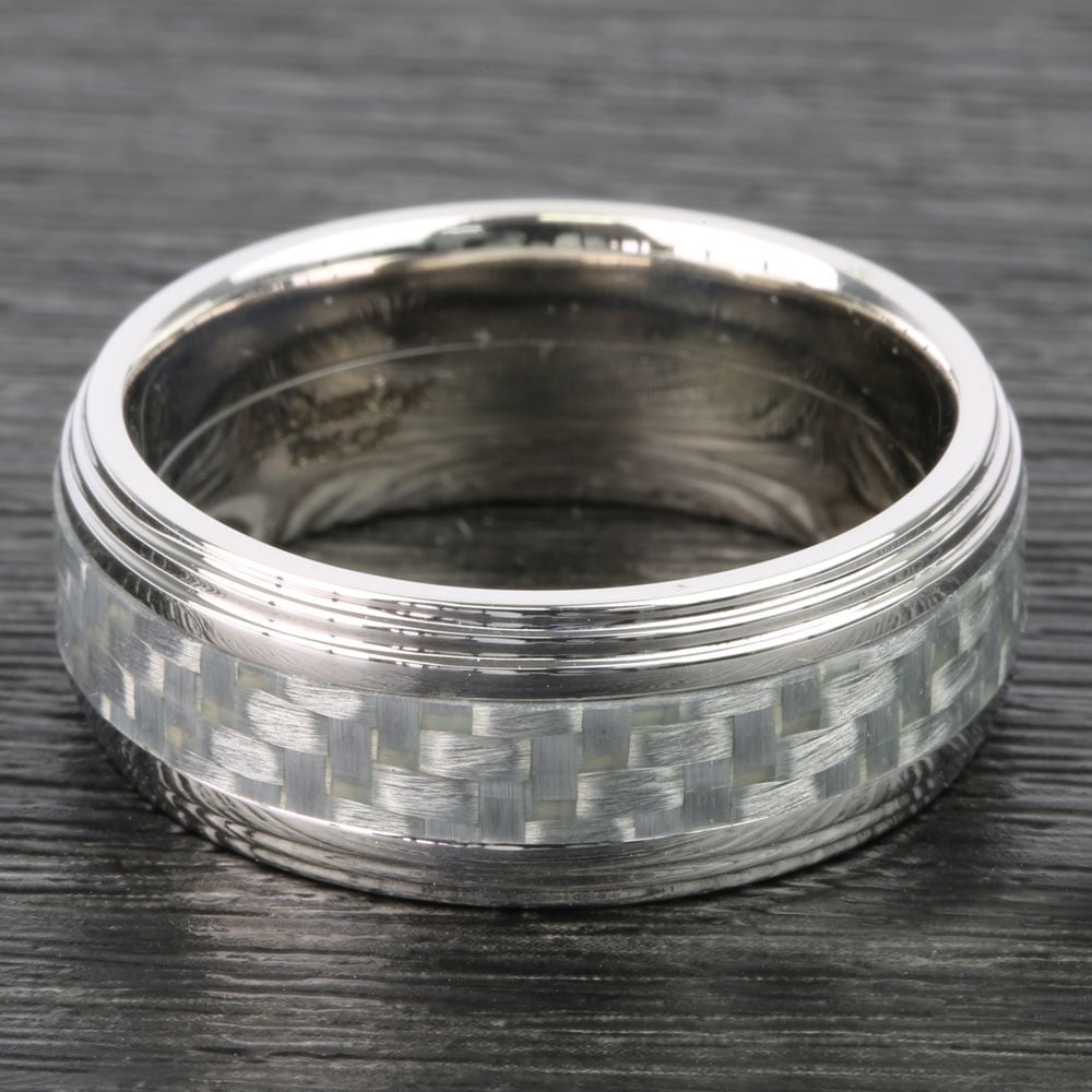 Mens White Gold And Silver Carbon Fiber Ring With Double Stepped Edges | 06