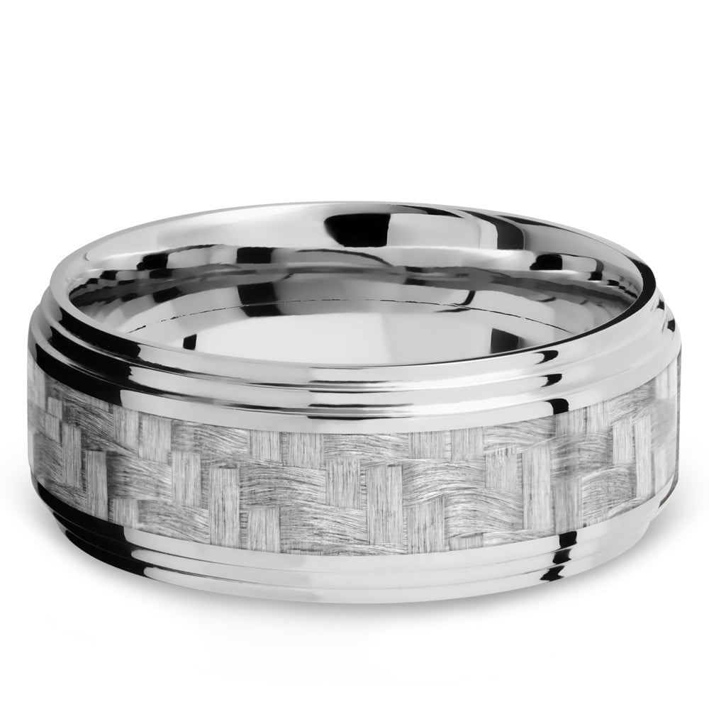 Mens White Gold And Silver Carbon Fiber Ring With Double Stepped Edges | 03