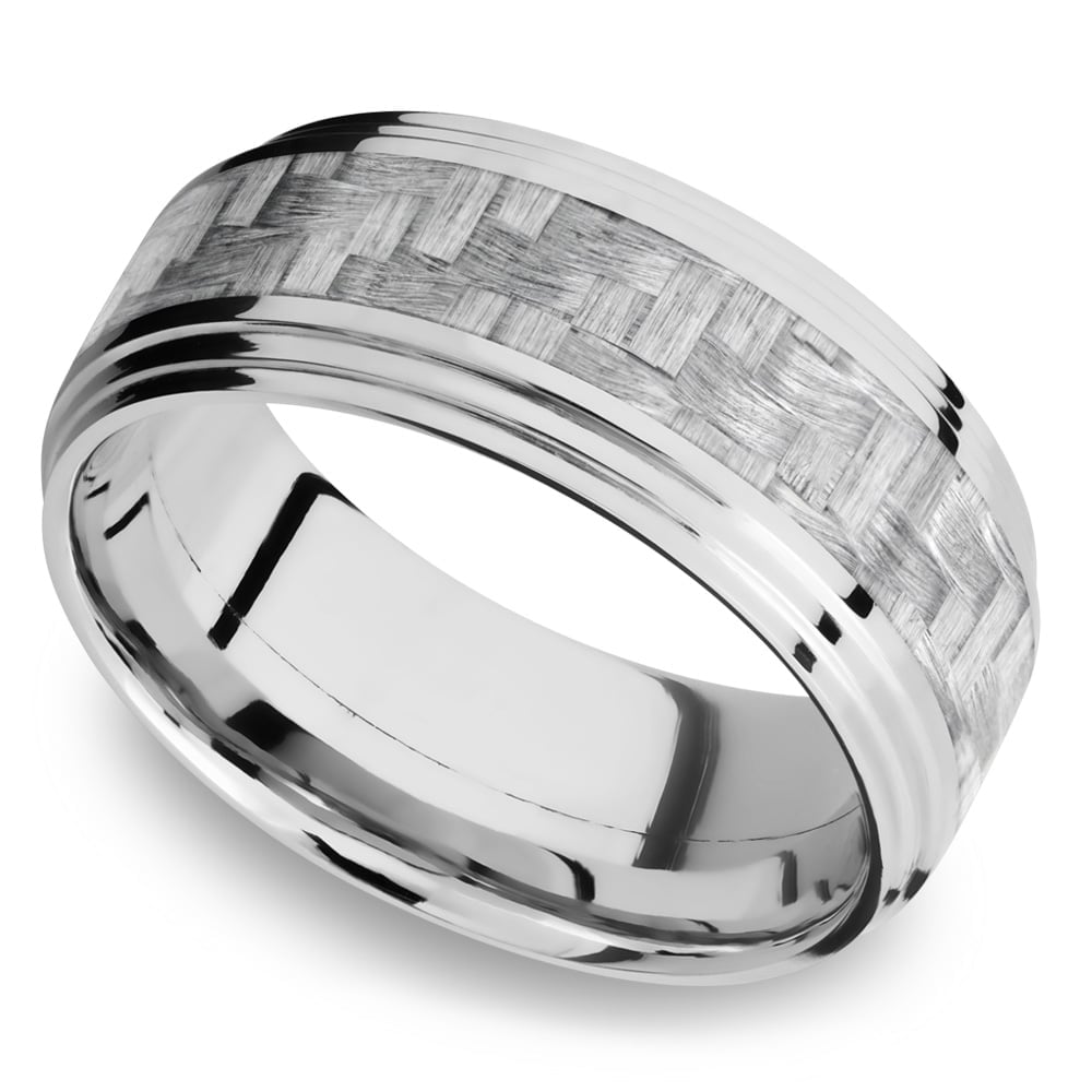 Mens White Gold And Silver Carbon Fiber Ring With Double Stepped Edges | 01
