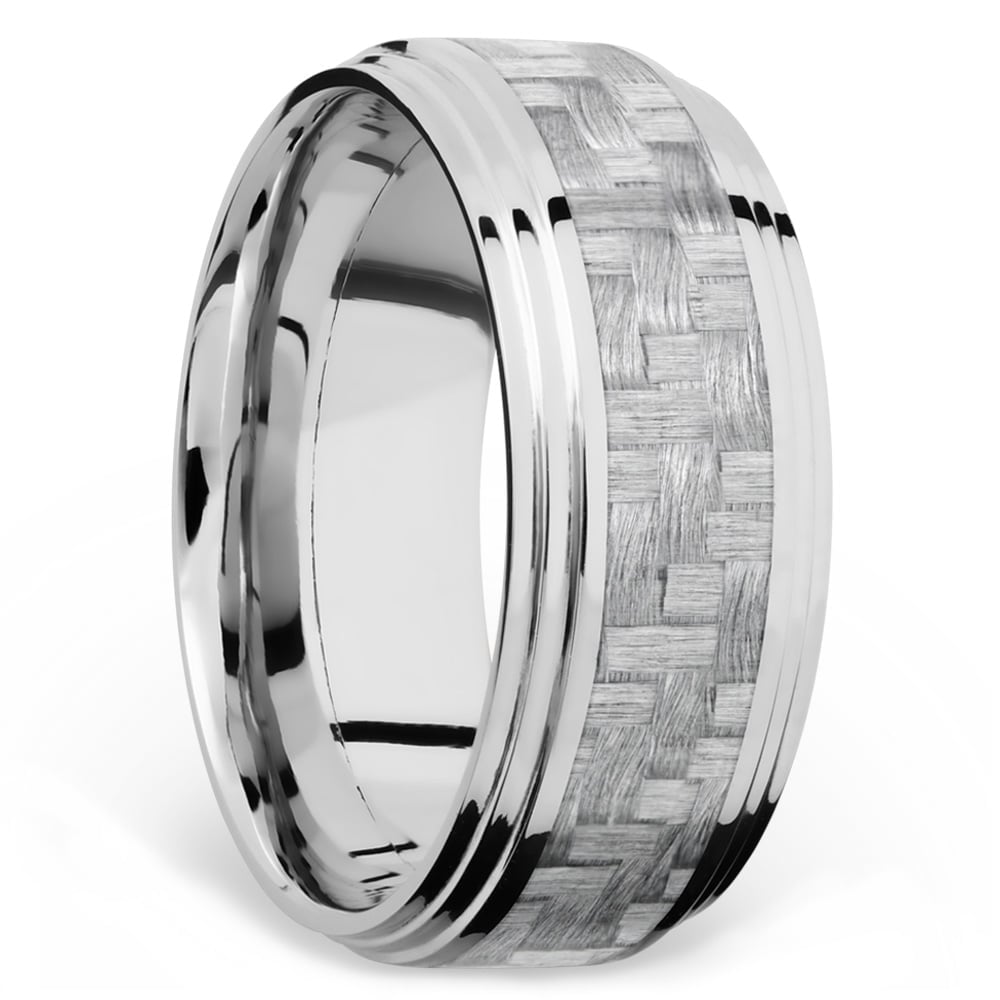 Mens White Gold And Silver Carbon Fiber Ring With Double Stepped Edges | 02