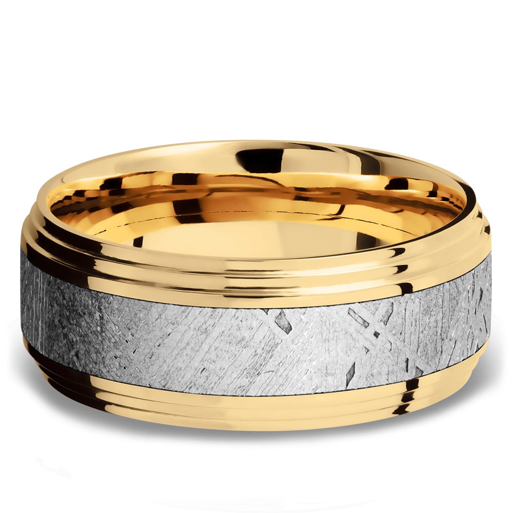 Saturn Rings - 14K Yellow Gold Double Stepped Mens Band with Meteorite Inlay (9mm) | 03