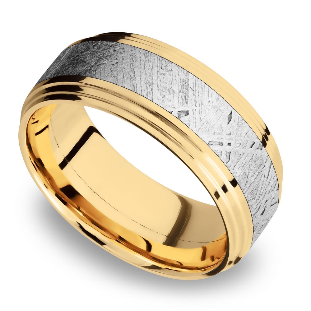 Saturn Rings - 14K Yellow Gold Double Stepped Mens Band with Meteorite Inlay (9mm) | 01