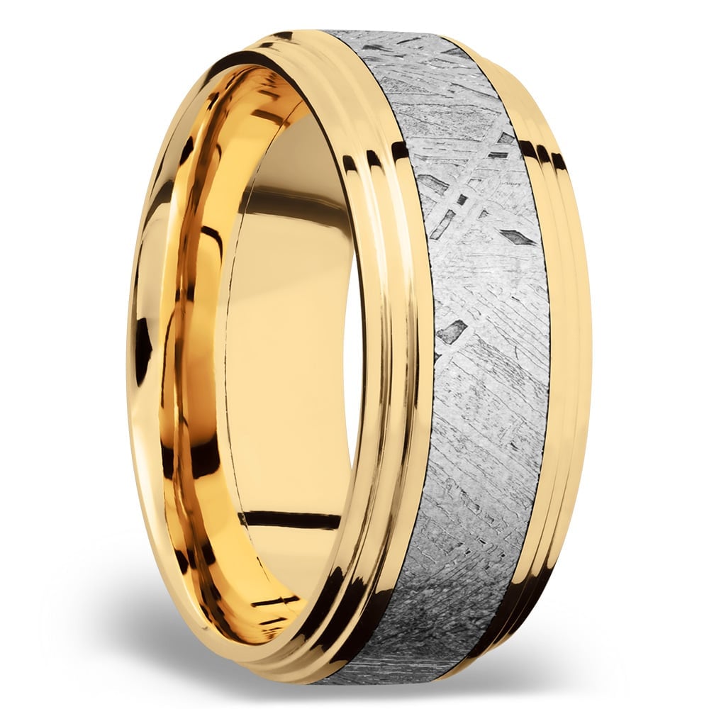Saturn Rings - 14K Yellow Gold Double Stepped Mens Band with Meteorite Inlay (9mm) | 02