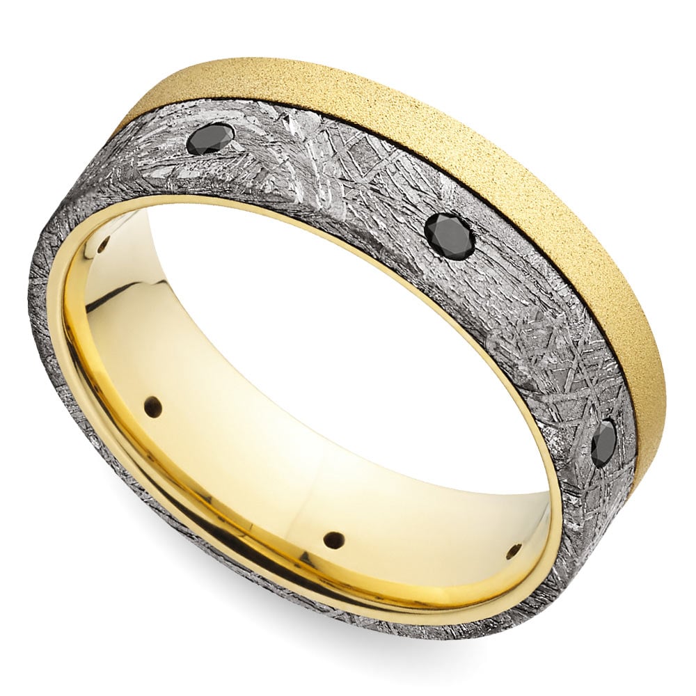 Gibeon Meteorite Ring With Black Diamonds In 18K Yellow Gold (8mm) | 01