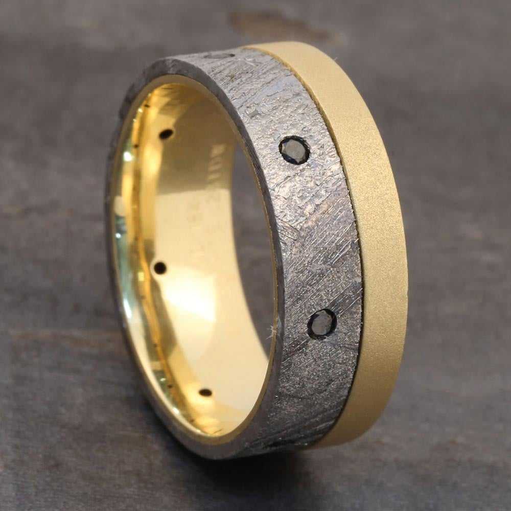 Gibeon Meteorite Ring With Black Diamonds In 18K Yellow Gold (8mm) | Thumbnail 04