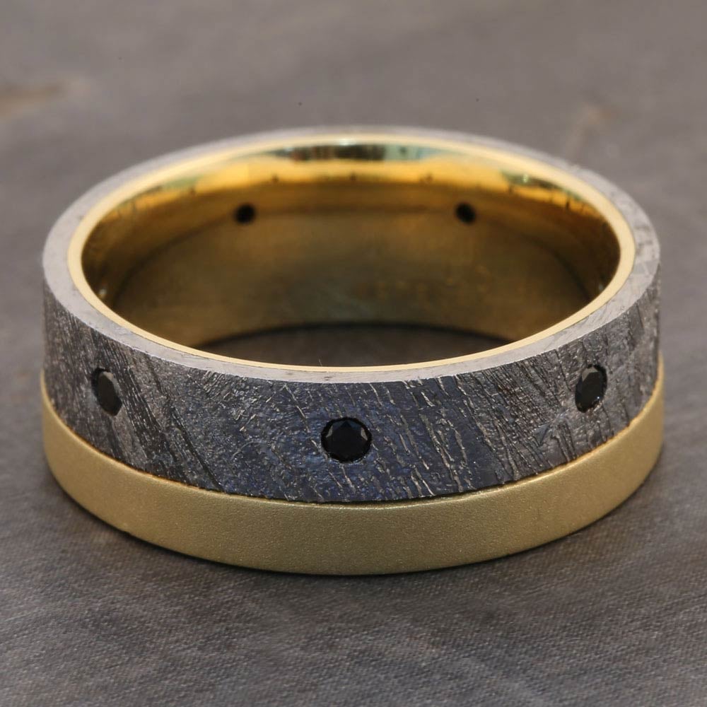 Gibeon Meteorite Ring With Black Diamonds In 18K Yellow Gold (8mm) | 03