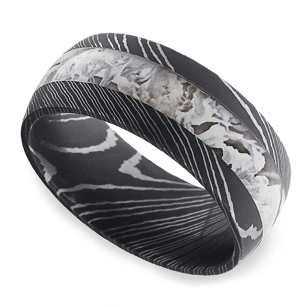 Endless Winter - Mens Snow Camo Wedding Band In Damascus Steel | 01