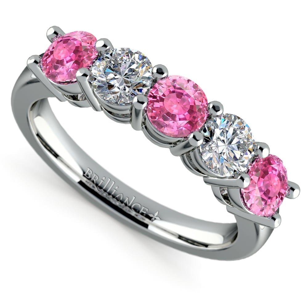 Five Stone Pink Sapphire & Diamond Ring In Platinum (1 1/2 ctw) | 01