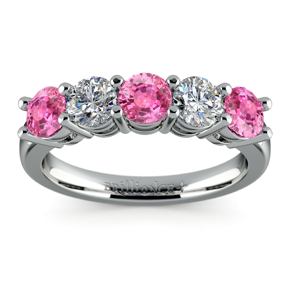 Five Stone Pink Sapphire & Diamond Ring In White Gold (1 1/2 ctw) | 02