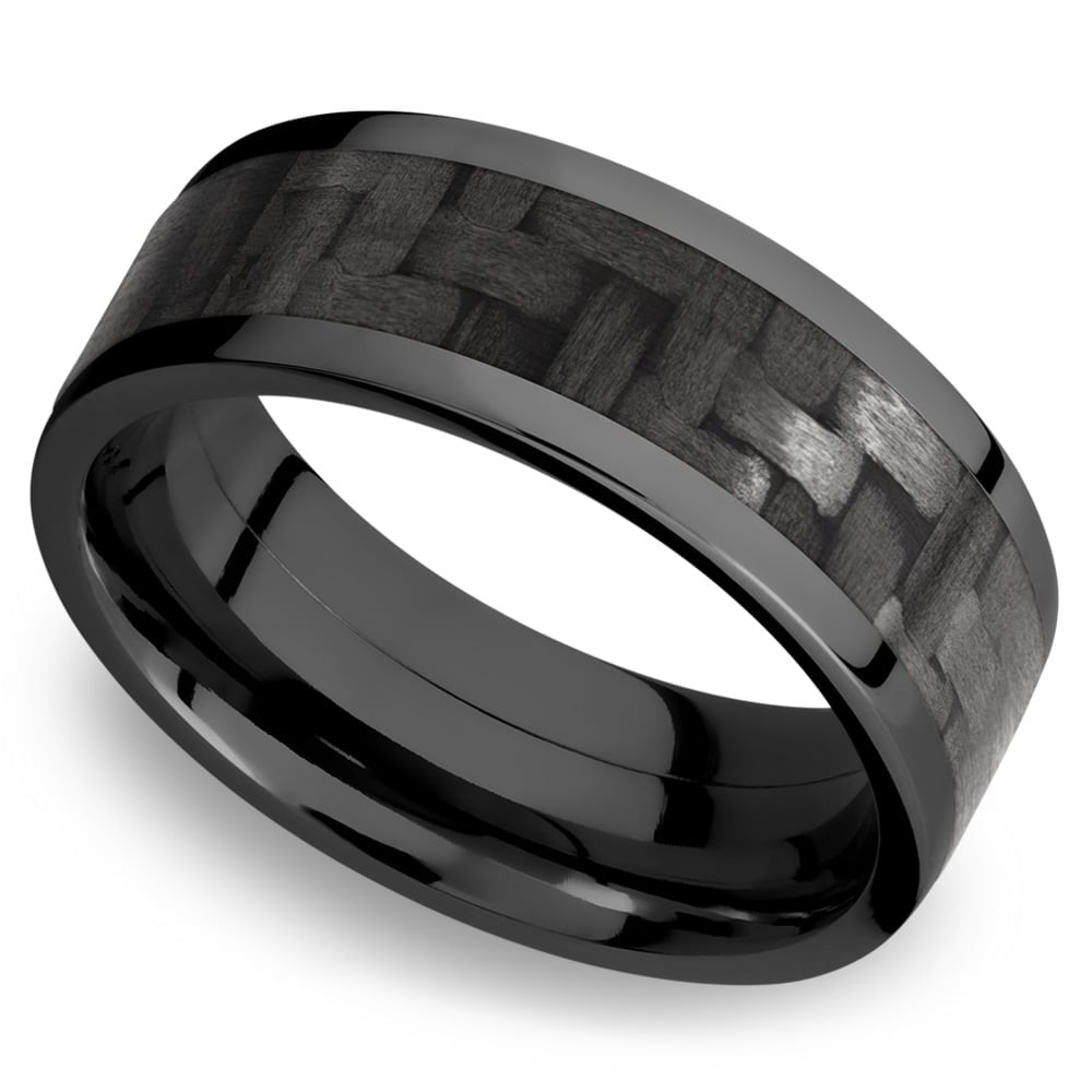 Mens Black Zirconium And Carbon Fiber Wedding Ring | 01