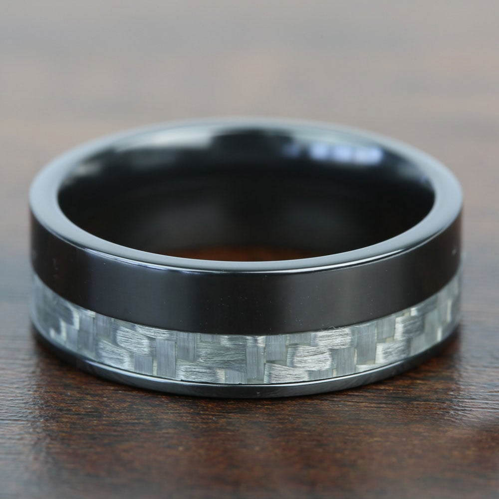 Mens Black Zirconium Wedding Ring With Flat Carbon Fiber Inlay | 05