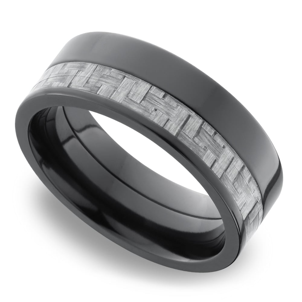 Mens Black Zirconium Wedding Ring With Flat Carbon Fiber Inlay | 01