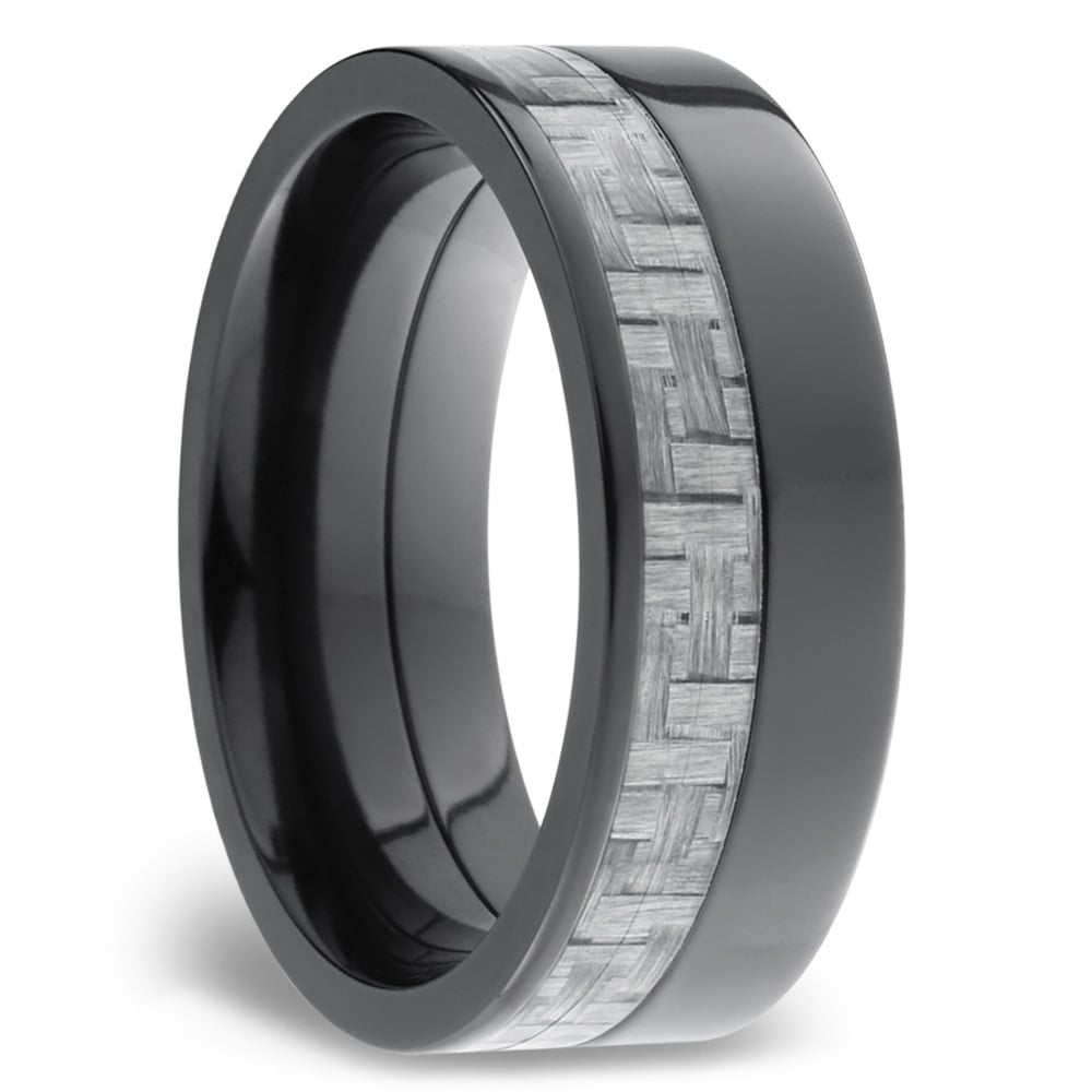 Mens Black Zirconium Wedding Ring With Flat Carbon Fiber Inlay | 02