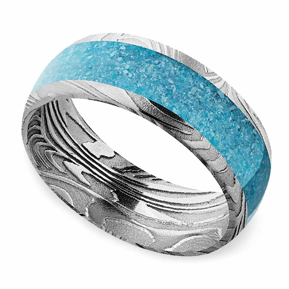 Mens Turquoise Wedding Band In Damascus Steel - Frozen River | 01