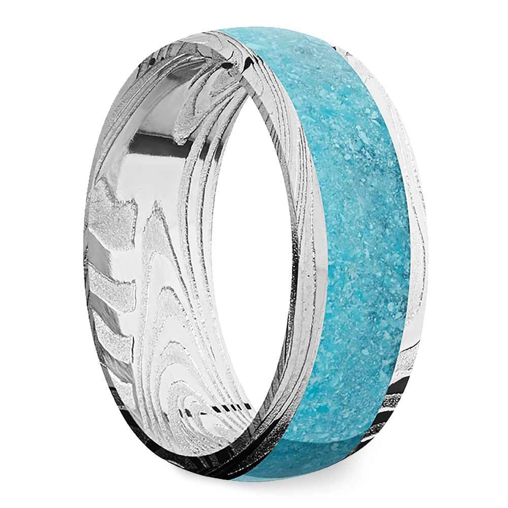 Mens Turquoise Wedding Band In Damascus Steel - Frozen River | 02