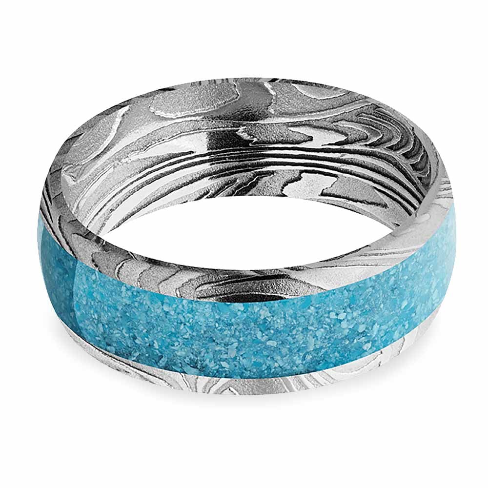 Mens Turquoise Wedding Band In Damascus Steel - Frozen River | 03