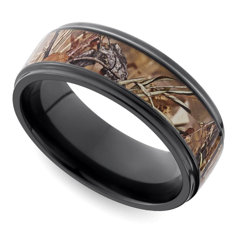 Mens Brown Camo Wedding Ring In Zirconium With Grooved Flat Edges | 01
