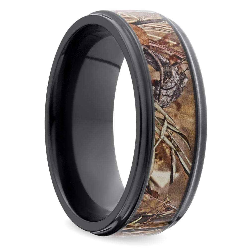Mens Brown Camo Wedding Ring In Zirconium With Grooved Flat Edges | 02
