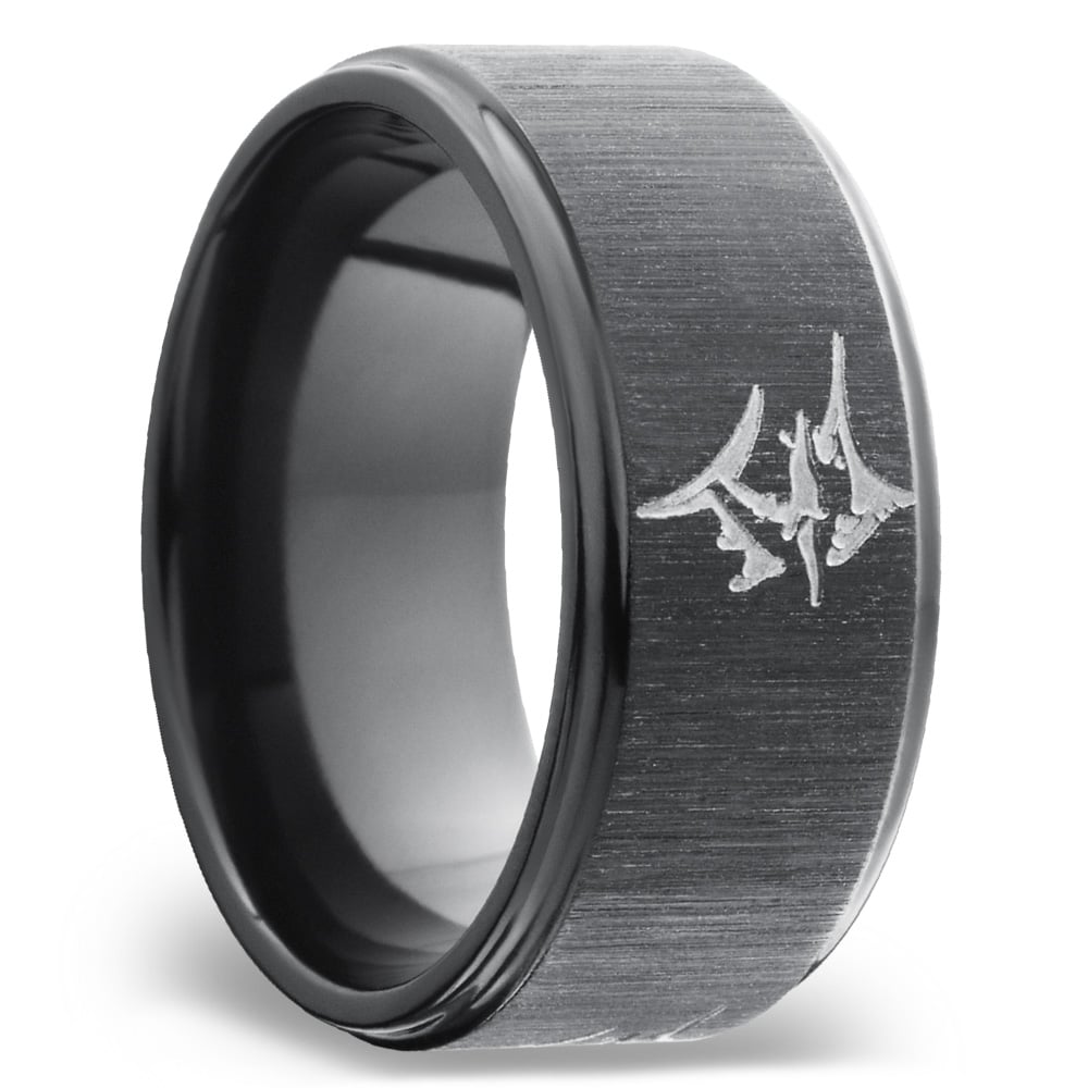 Grooved Edges Men's Wedding Band with a Marlin in Zirconium (10mm) | 02