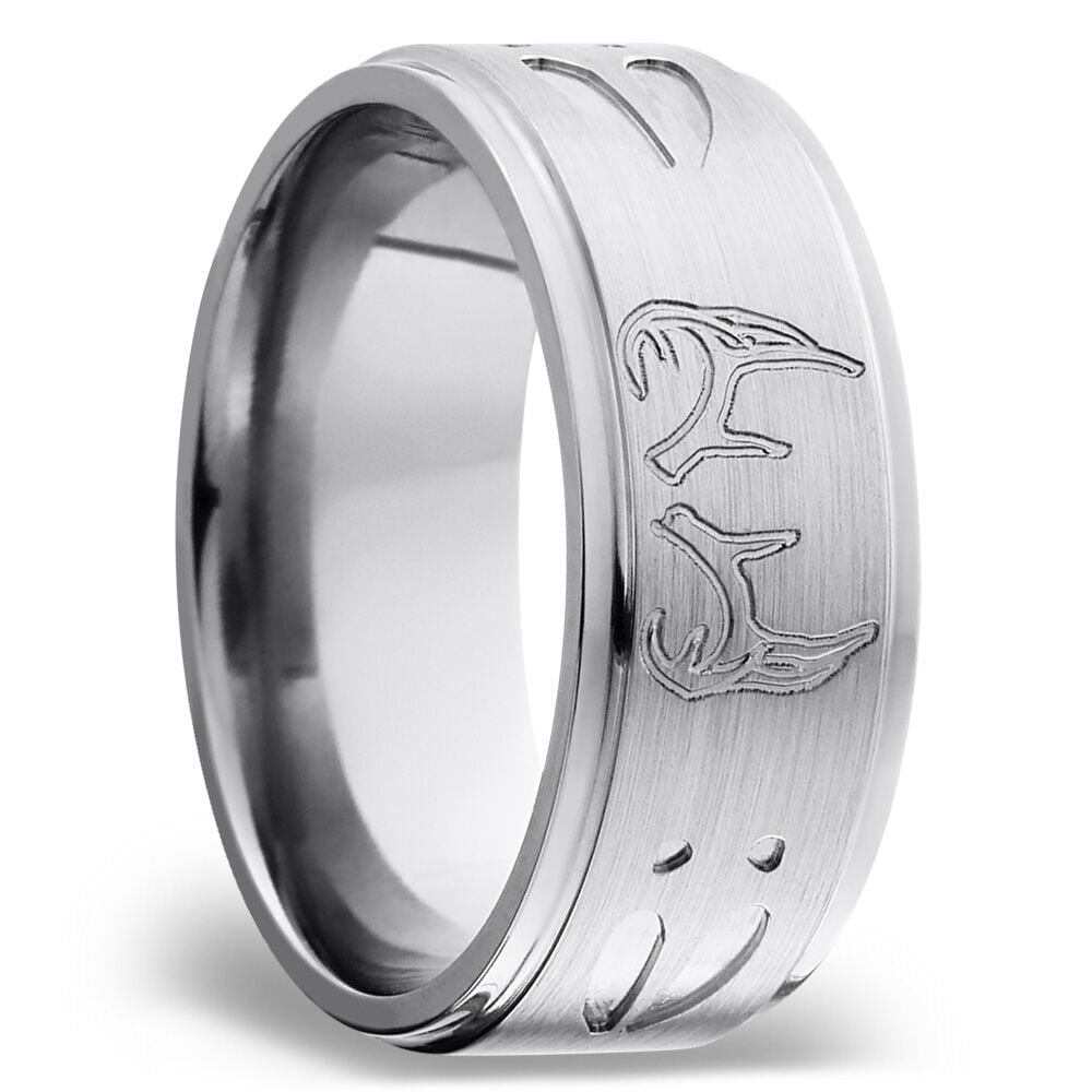 Grooved Mens Wedding Ring with Deer Track & Antler Pattern in Titanium (9mm) | 02