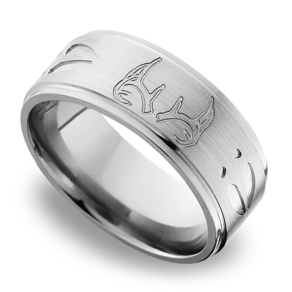 Grooved Mens Wedding Ring with Deer Track & Antler Pattern in Titanium (9mm) | 01
