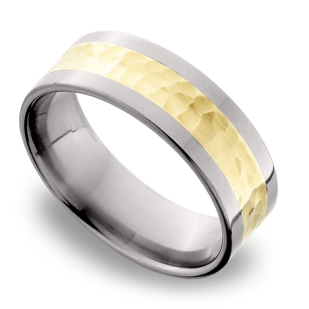 Hammered 14K Yellow Gold Inlay Men's Wedding Ring in Titanium (8mm) | 01