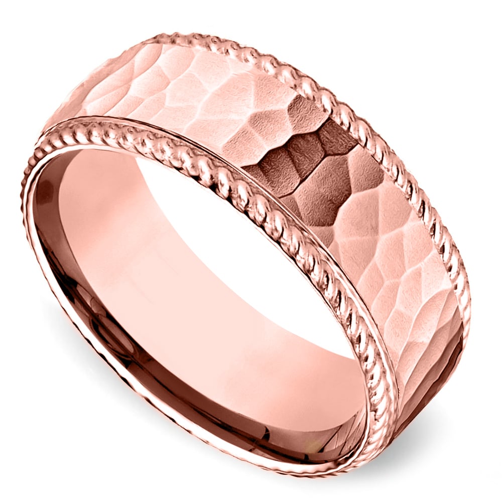 Hammered Rose Gold Mens Wedding Band With Rope Edging | Thumbnail 01