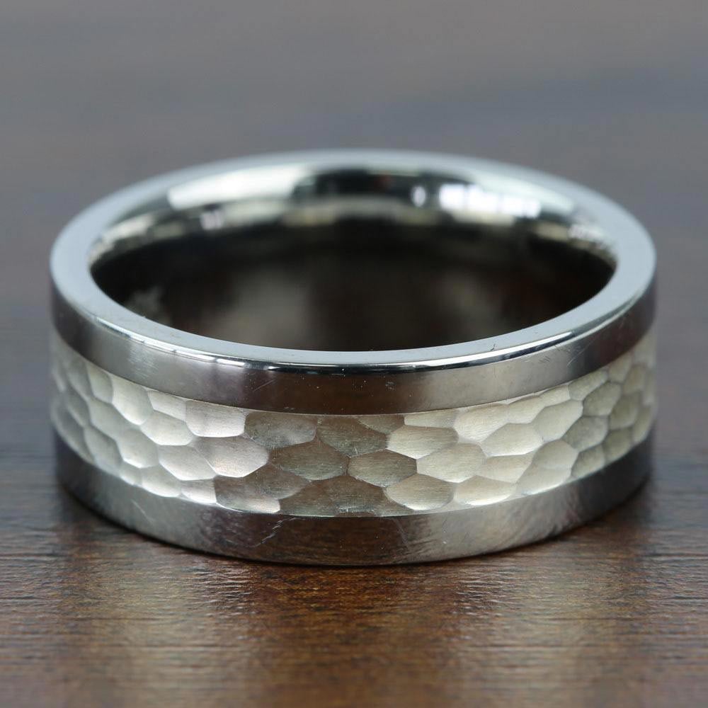 Hammered Sterling Silver Inlay Men's Wedding Ring in Titanium (9mm) | 03