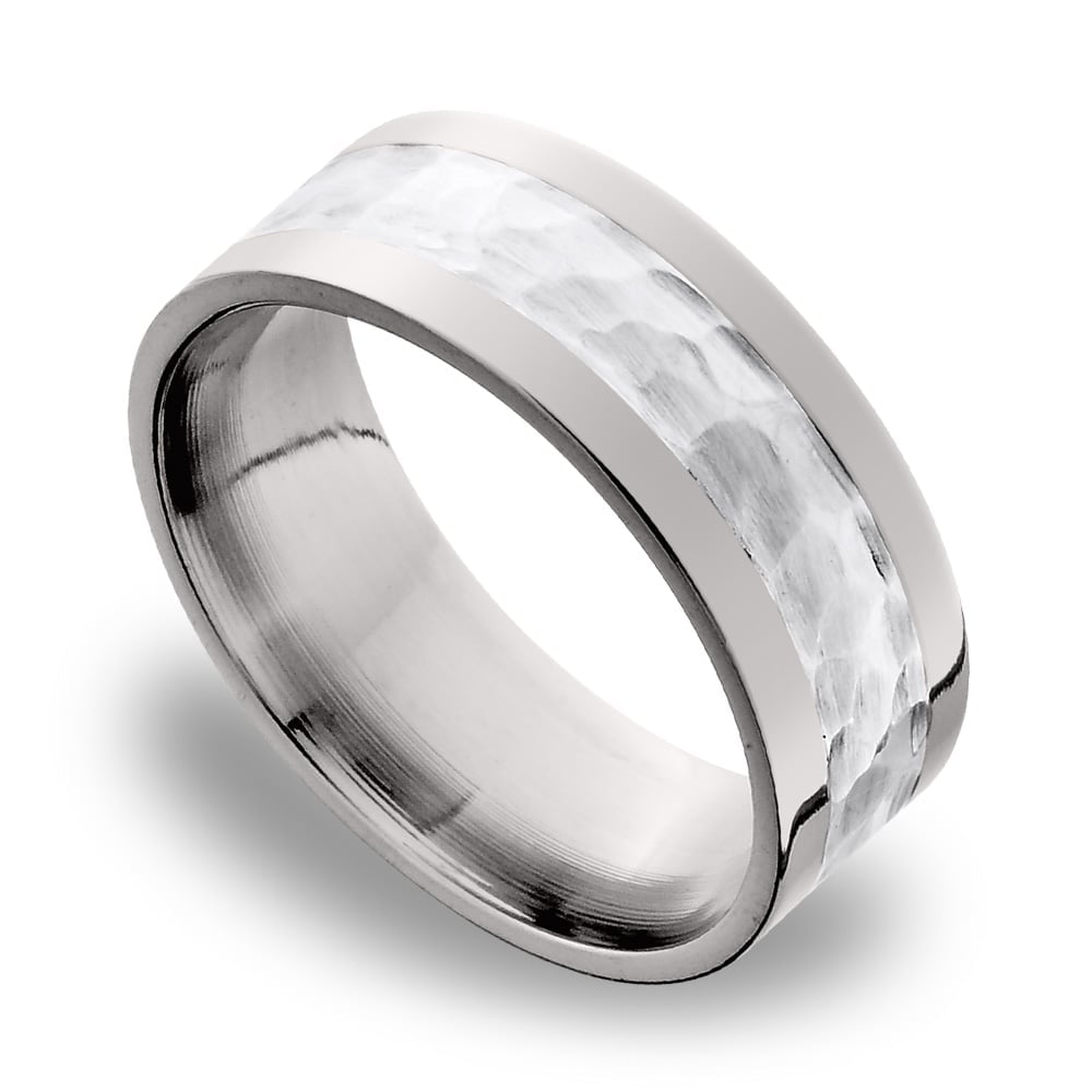 Hammered Sterling Silver Inlay Men's Wedding Ring in Titanium (9mm) | 01