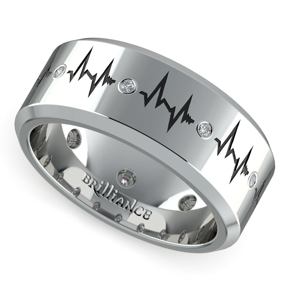 Mens Heartbeat Pattern Design Wedding Band In White Gold | 01