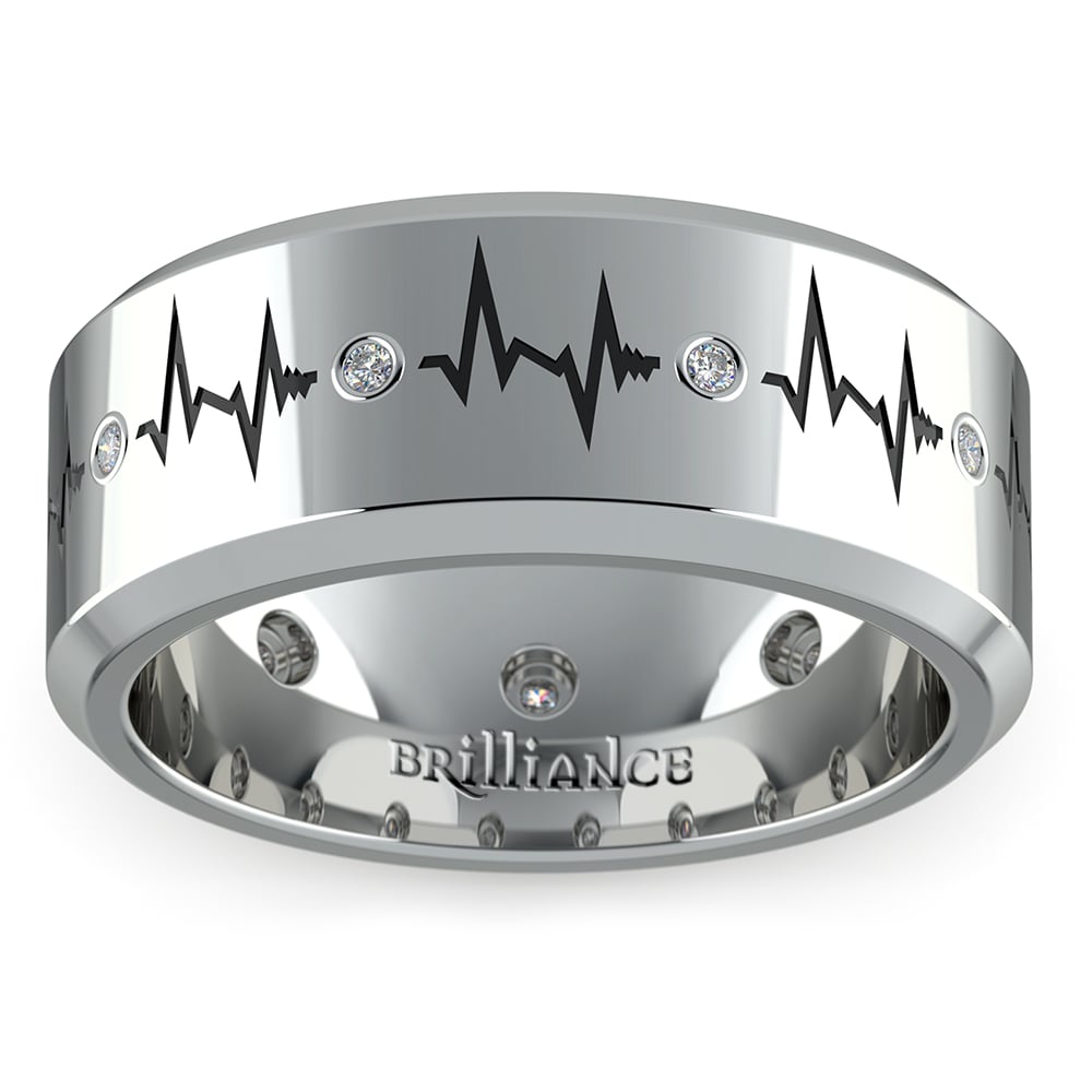 Mens Heartbeat Pattern Design Wedding Band In White Gold | 02
