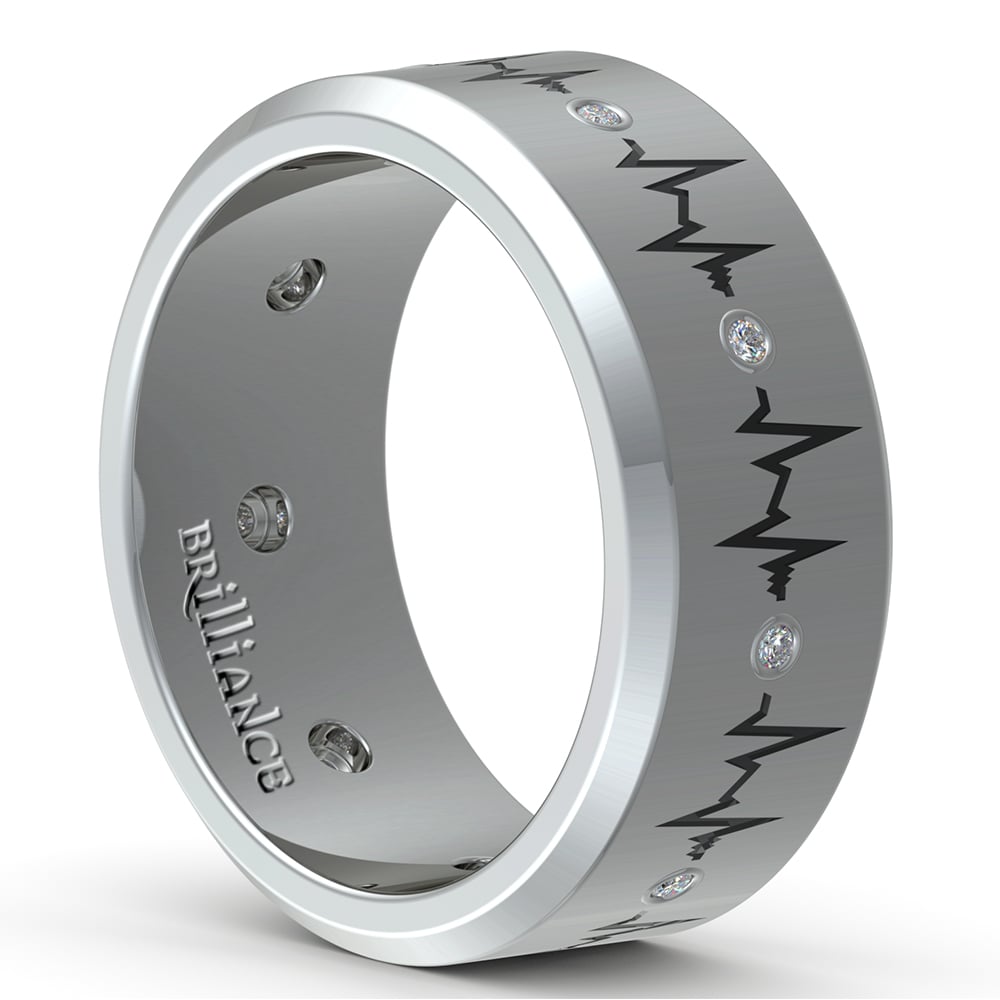 Mens Heartbeat Pattern Design Wedding Band In White Gold | 03