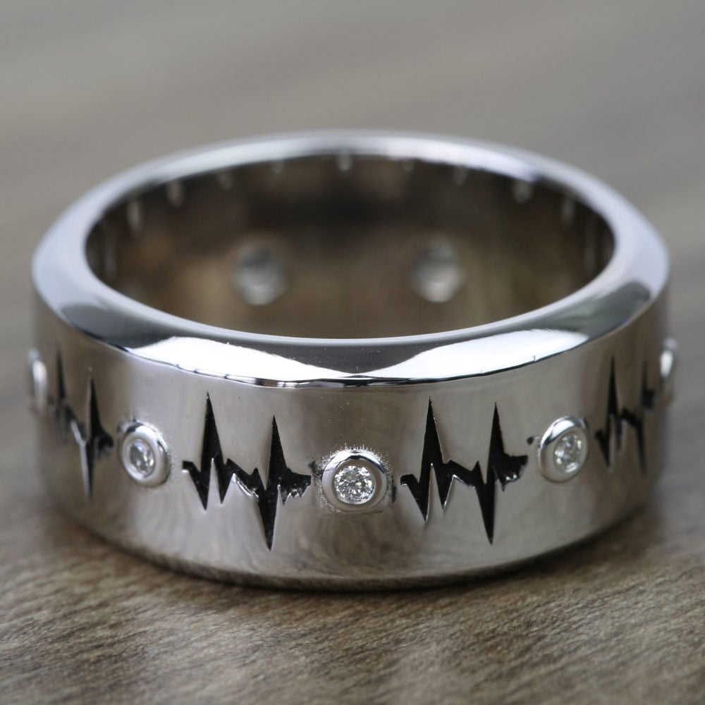 Mens Heartbeat Pattern Design Wedding Band In White Gold | 05