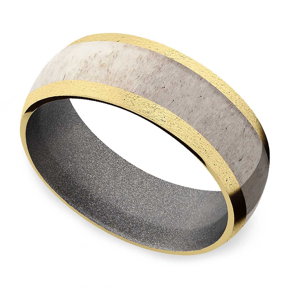 Gold Mens Wedding Band With Antler Inlay And Cerakote Sleeve - Huntsman | 01
